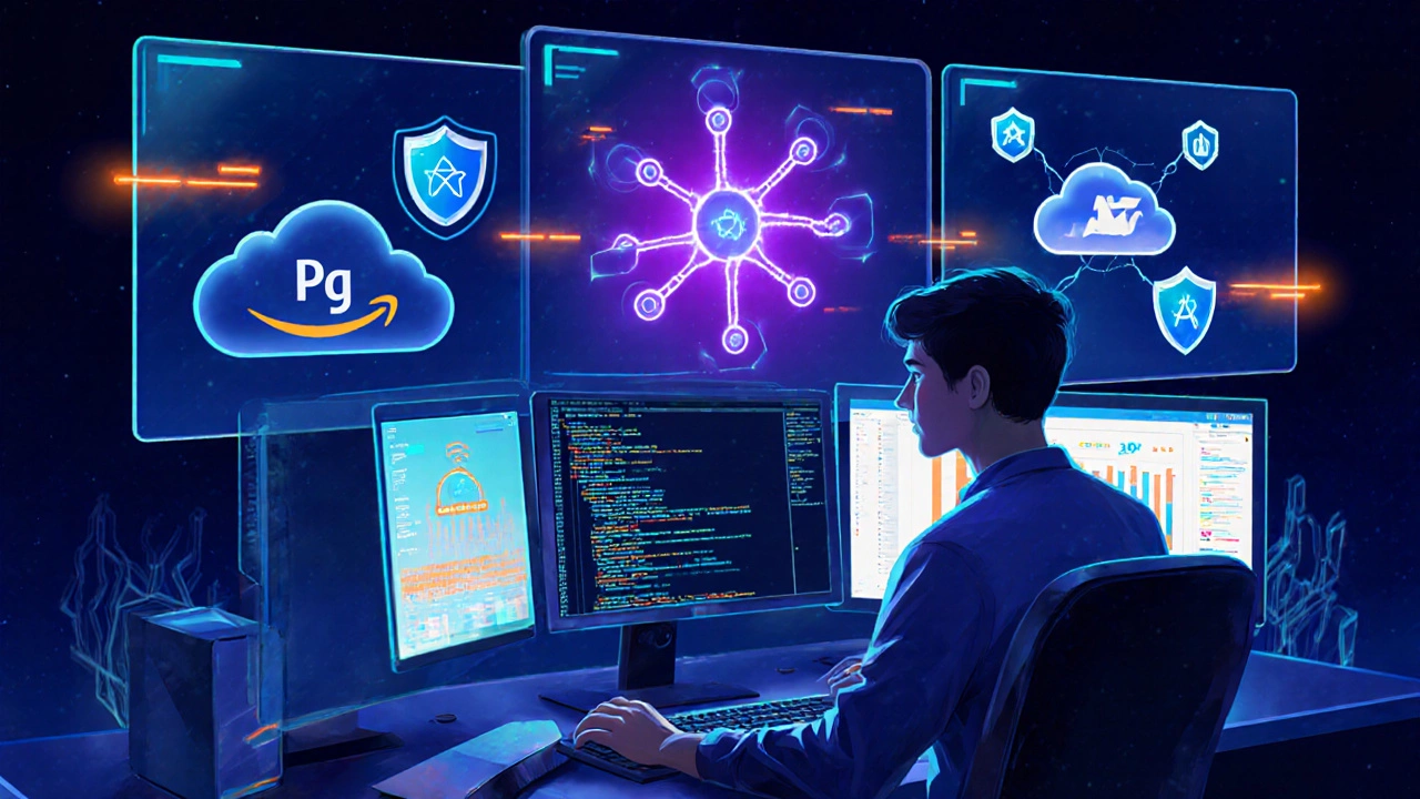 AI engineer at a desk with code, neural network hologram, and cloud graphics.