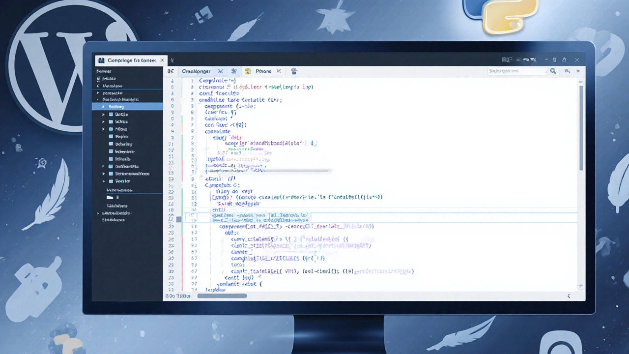 Close-up of a workstation displaying abstract PHP/HTML and Python code snippets.
