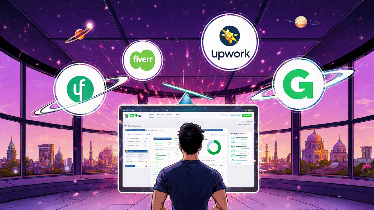 Developer weighing Upwork against other freelance platforms with floating logos.