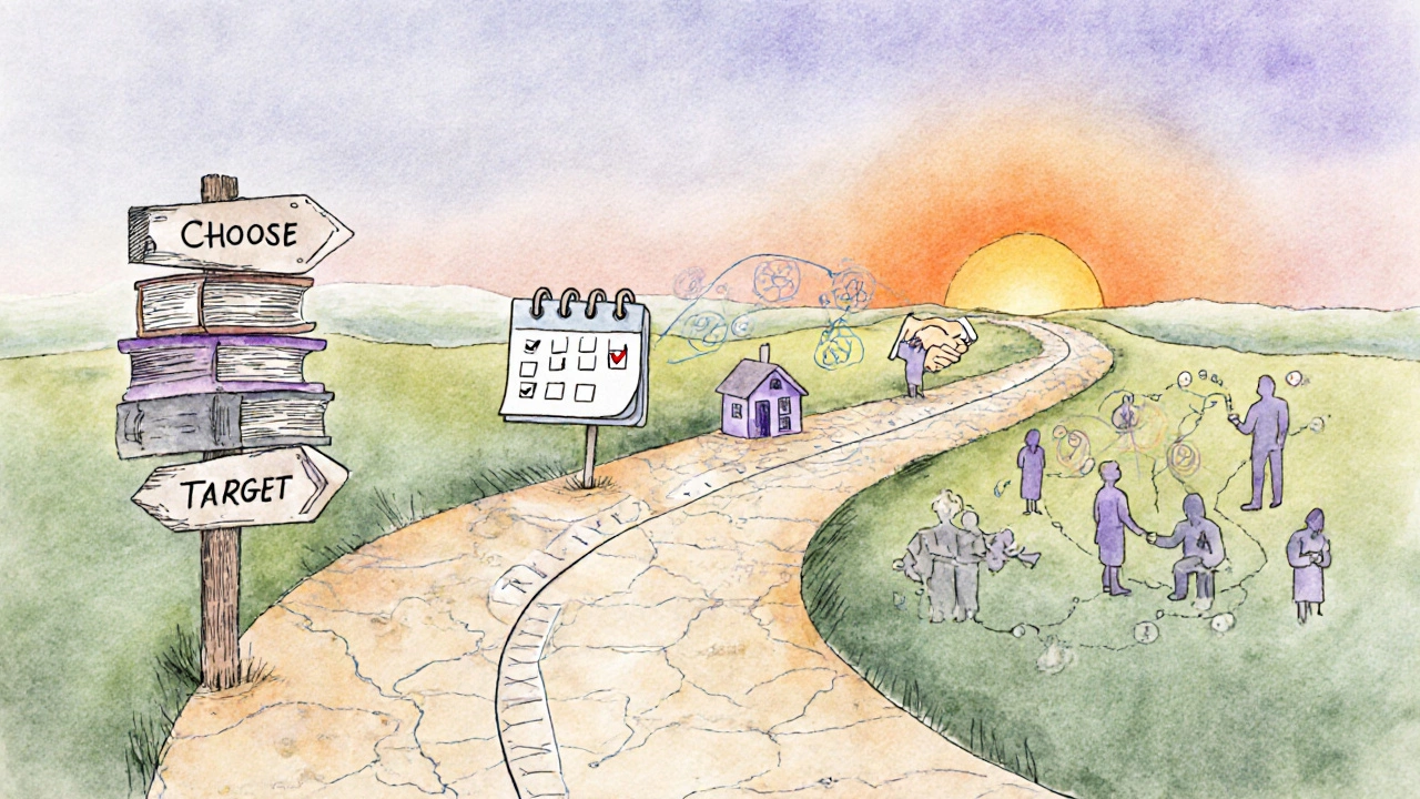 Hand‑drawn roadmap showing steps from course choice to alumni network.