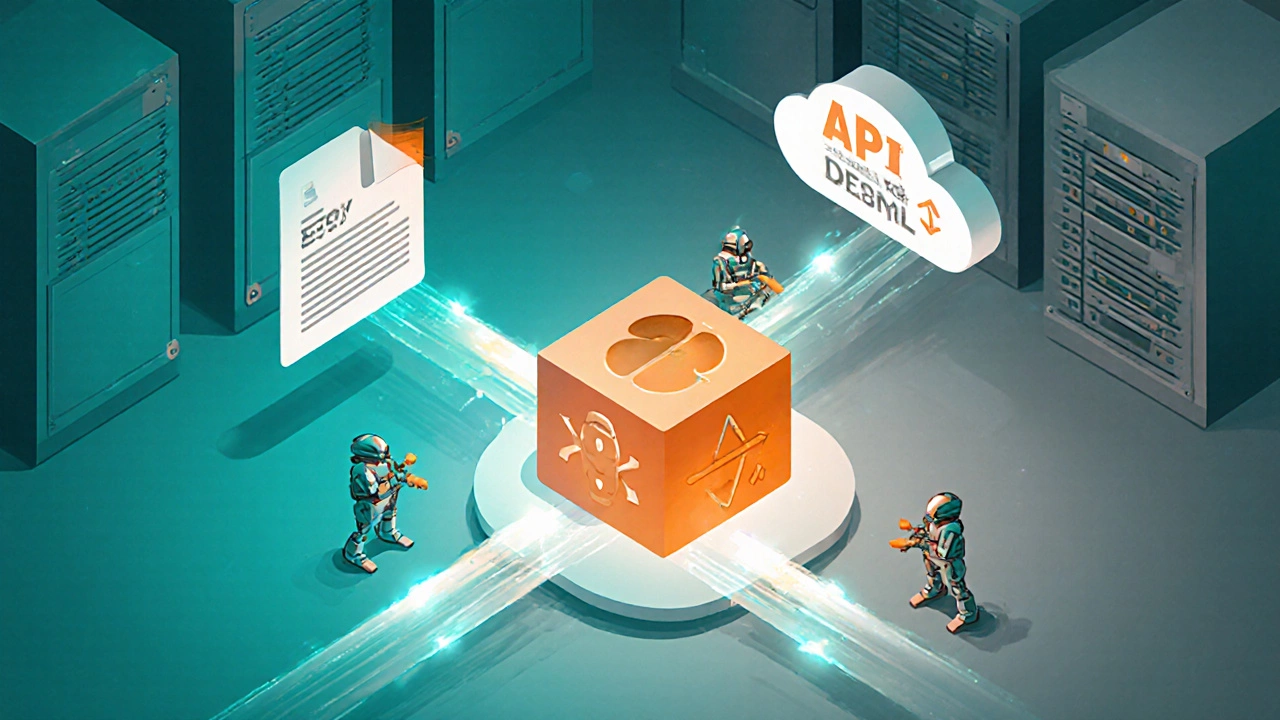 Isometric view of Python-powered SEO data pipeline with crawling bots and data flow.