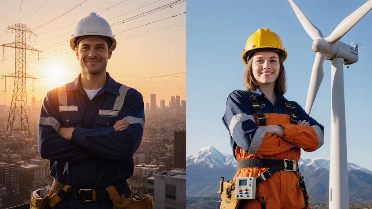 James and Sarah, successful power‑line and wind‑turbine technicians, pose proudly at their work sites.