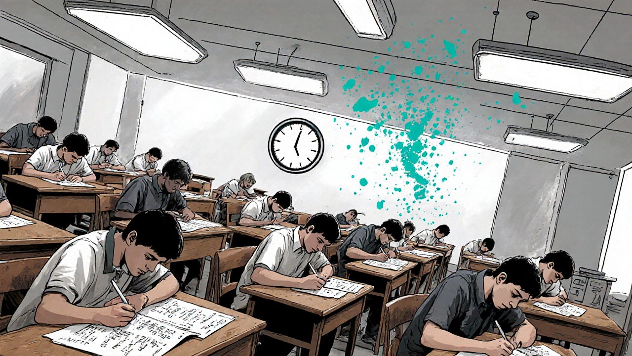 JEE Advanced exam hall with focused student writing complex equations.