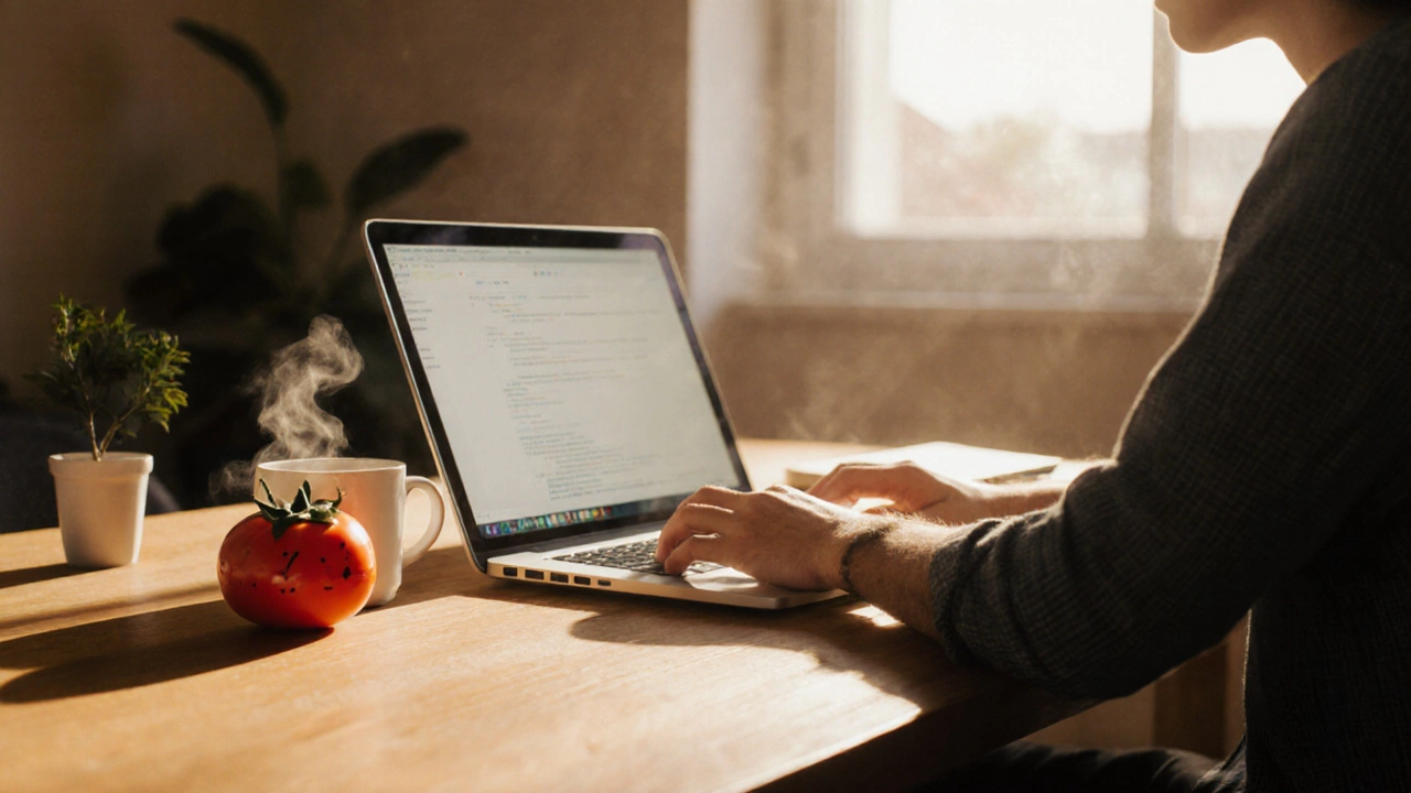 Person at desk using a tomato-shaped timer during a focused work session.