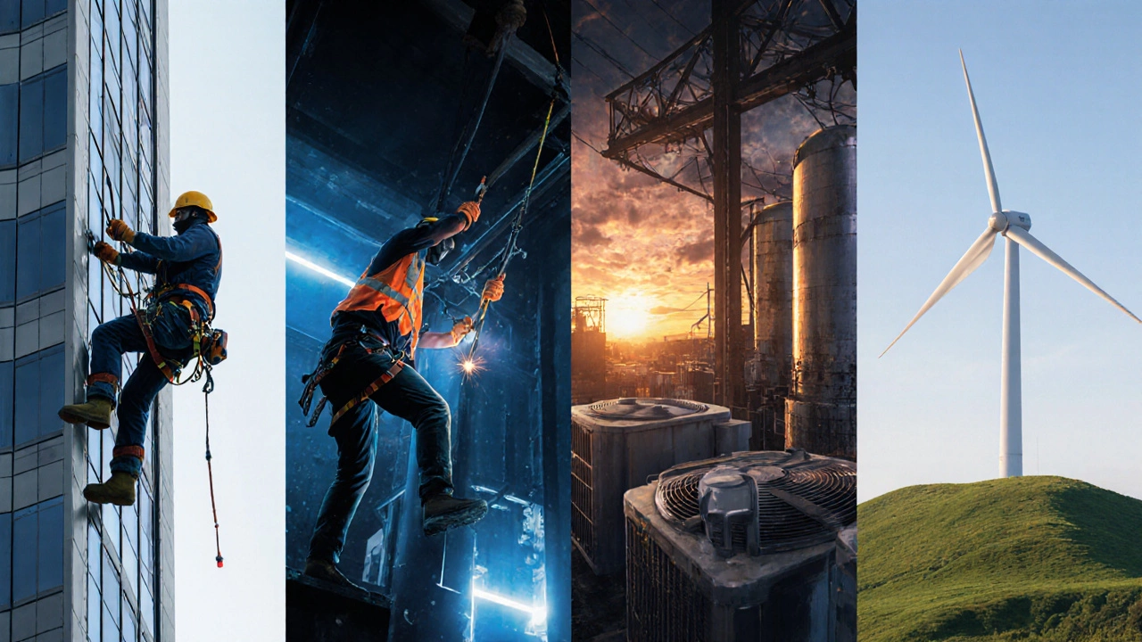 Split scene showing five high‑paying trades: elevator installer, power‑line worker, boilermaker, HVAC tech, wind‑turbine tech.
