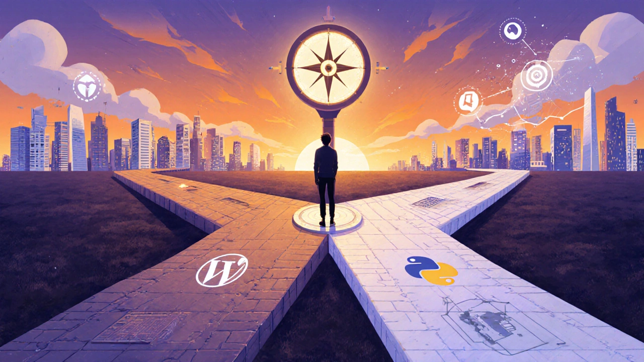 Sunset crossroads with PHP‑themed path toward a website city and Python‑themed path toward a data science skyline.