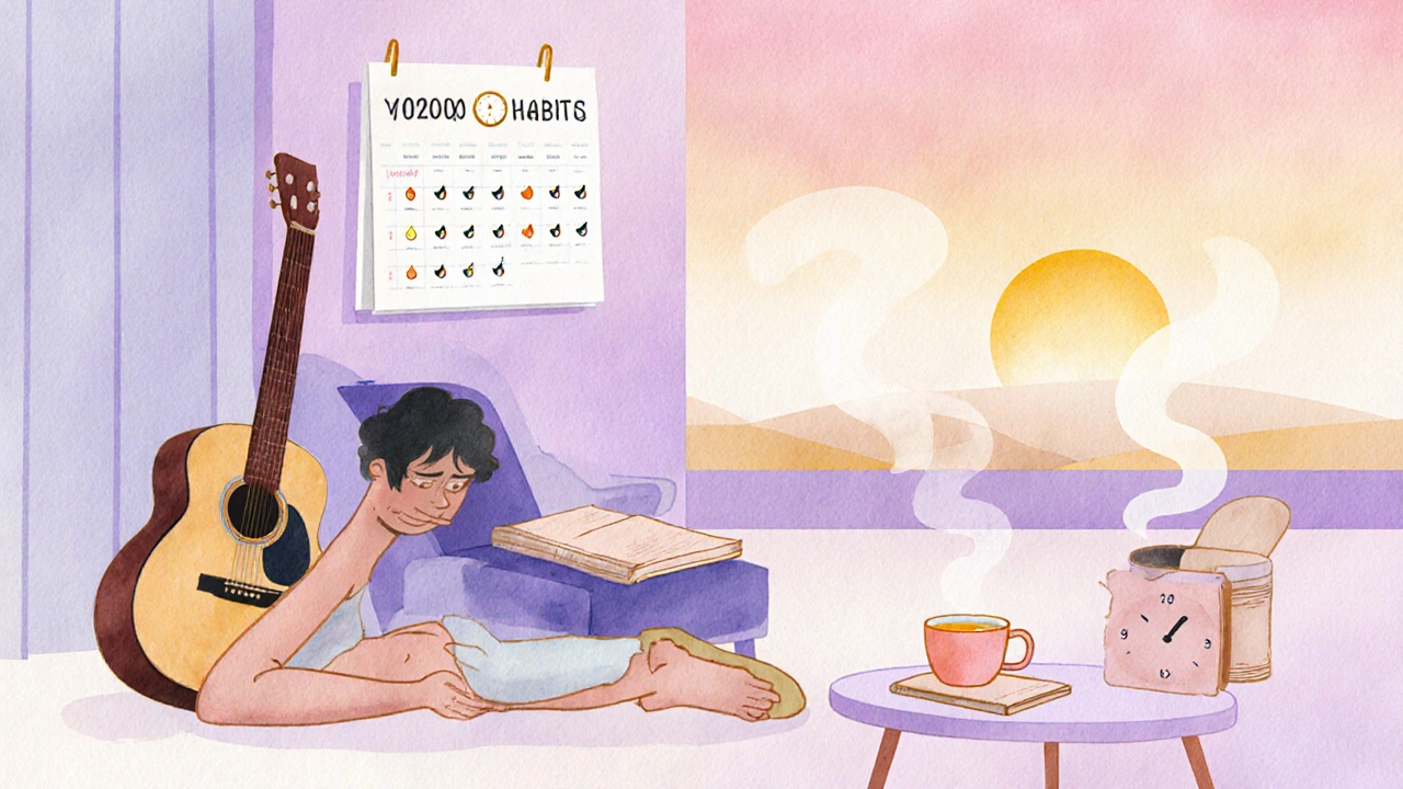 Watercolor scene of a sunrise routine with a guitar, clock, and calendar.
