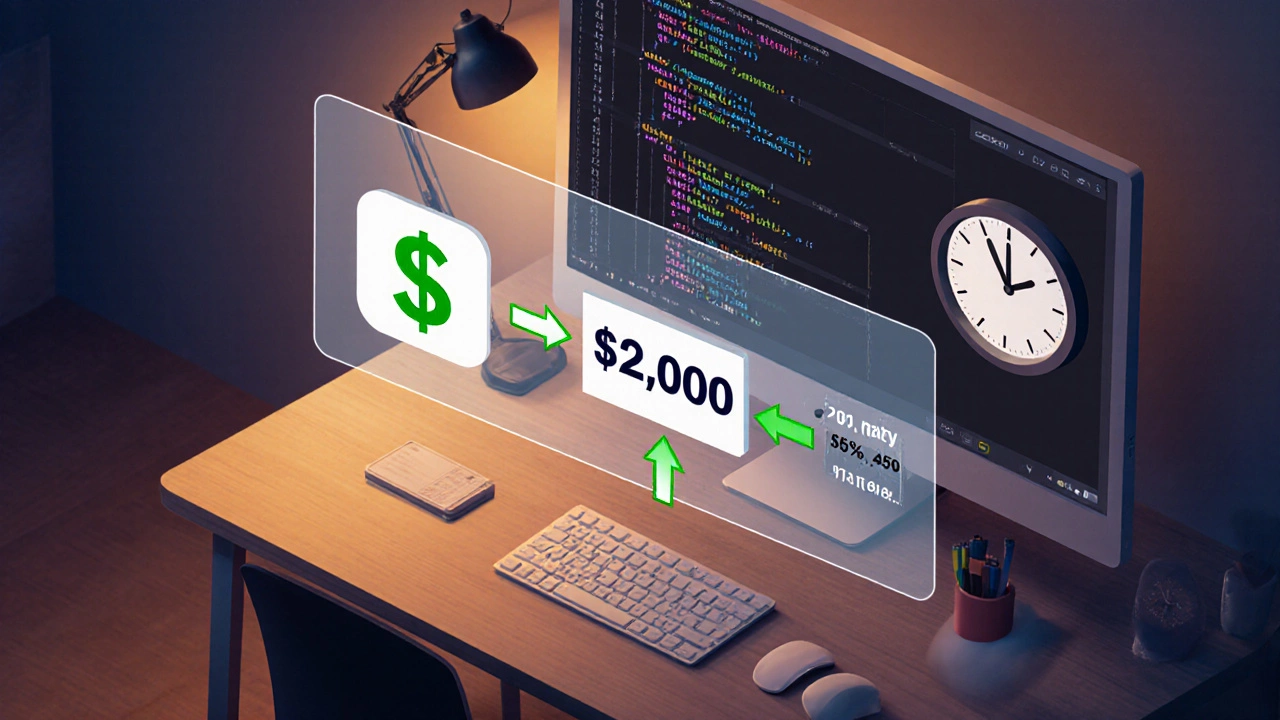 Workspace illustration showing money flow from a ,000 project after fees.